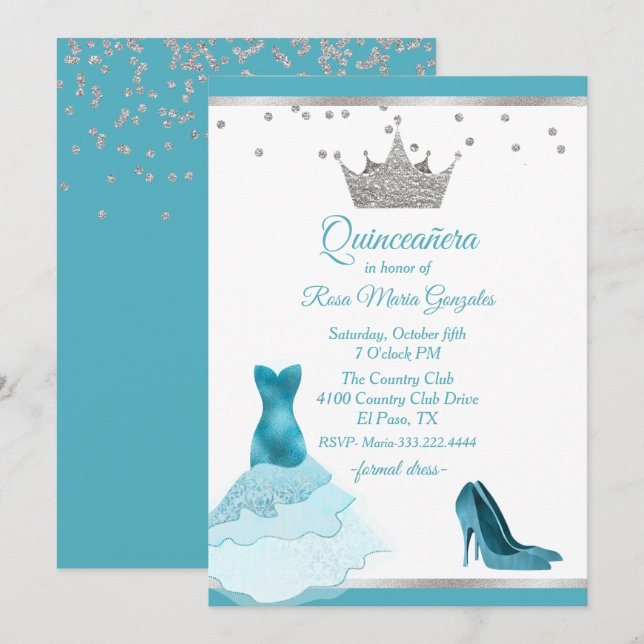 Teal Gown and Heel with Silver Crown Quinceanera   Invitation (Front/Back)