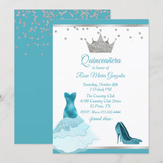 Teal Gown and Heel with Silver Crown Quinceanera Invitation