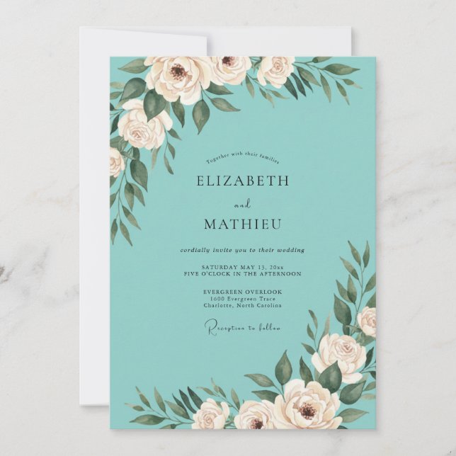 Teal Graceful Floral Wedding Invitation (Front)