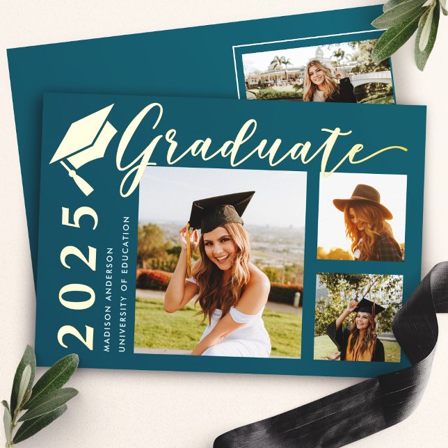 Teal Grad Cap Photo Foil Graduation Announcement (Creator Uploaded)