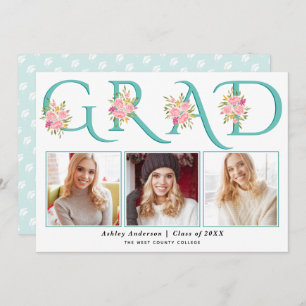 Teal GRAD pink roses photo 2024 graduation Announcement