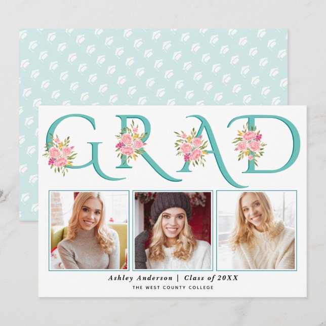 Teal GRAD pink roses photo 2026 graduation Announcement (Front/Back)