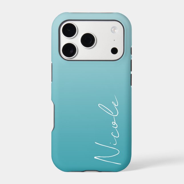 Teal Gradient Handwriting Script Personalized Iphone Case (Back)
