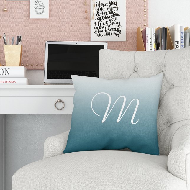 Teal Gradient Ombre Initial Monogram Throw Pillow (Creator Uploaded)