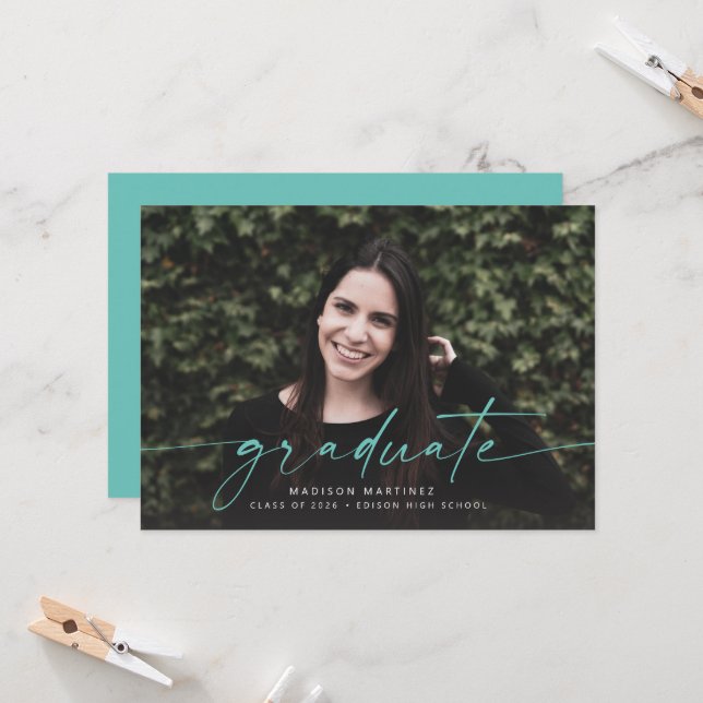 Teal Graduate Script Graduation Announcement (Front/Back In Situ)