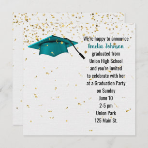 Teal Graduation Cap with Gold Confetti Invitation
