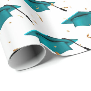 Teal Graduation Caps and Gold Confetti Wrapping Paper