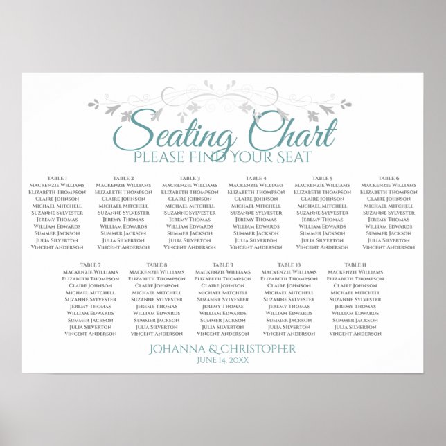 Teal & Gray 11 Table Wedding Seating Chart (Front)