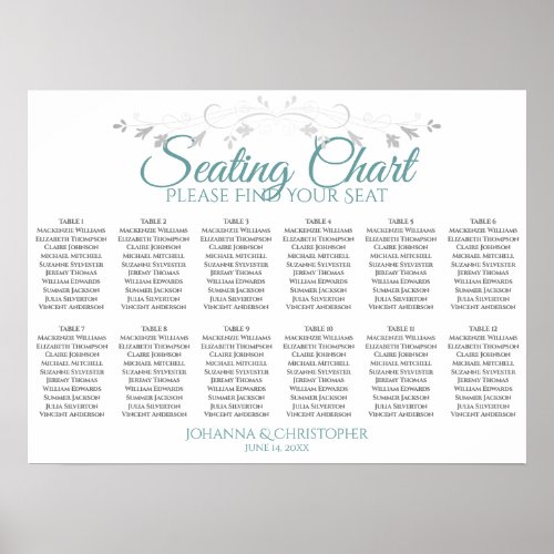 Teal  Gray 12 Table Wedding Seating Chart