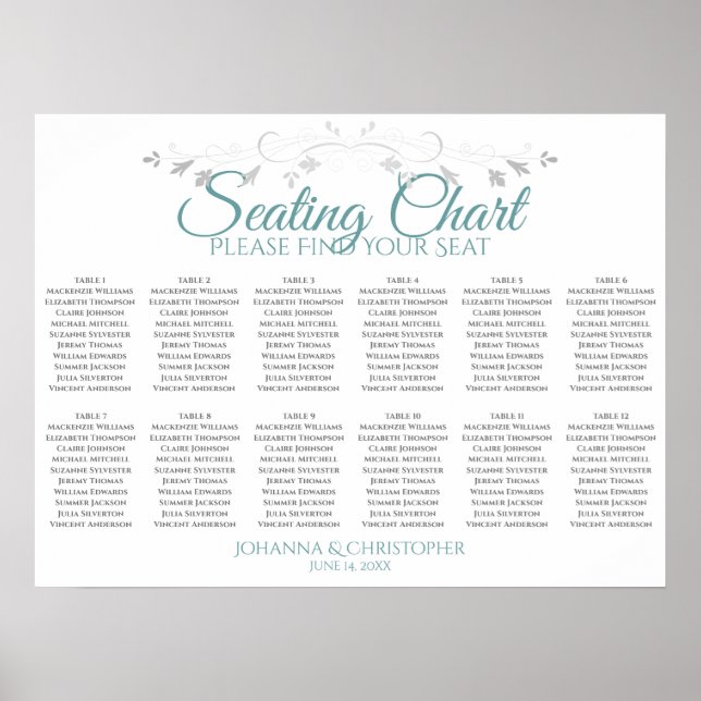 Teal & Gray 12 Table Wedding Seating Chart (Front)