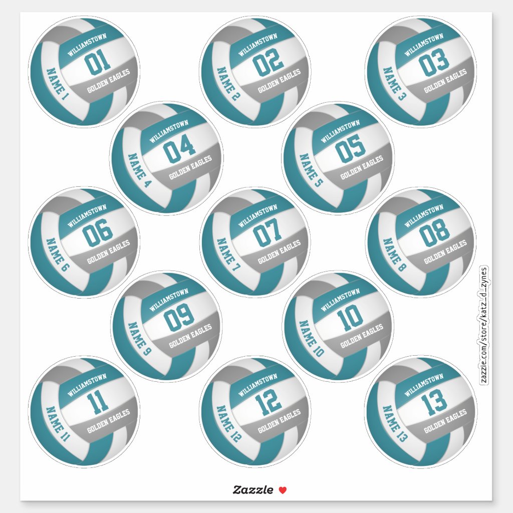 teal gray 13 custom players names volleyball sticker sheet