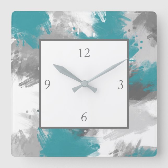 Teal Gray Abstract Brushstrokes Square Wall Clock (Front)