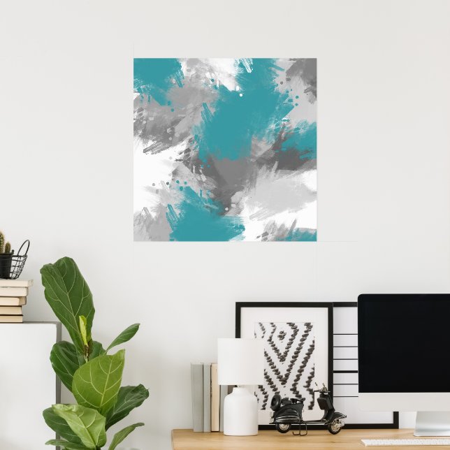 Teal Gray Abstract Modern Brushstrokes Poster (Home Office)