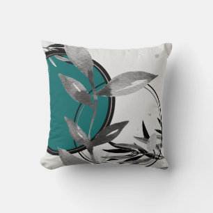 Teal & Gray Abstract Zen Watercolor Leaf Throw Pillow