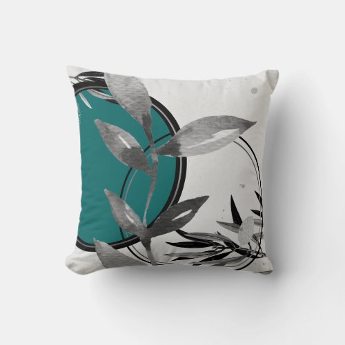 Teal  Gray Abstract Zen Watercolor Leaf Throw Pillow