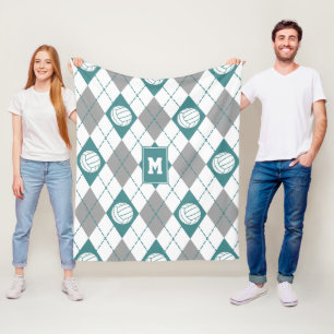 teal gray argyle pattern volleyballs monogrammed fleece blanket