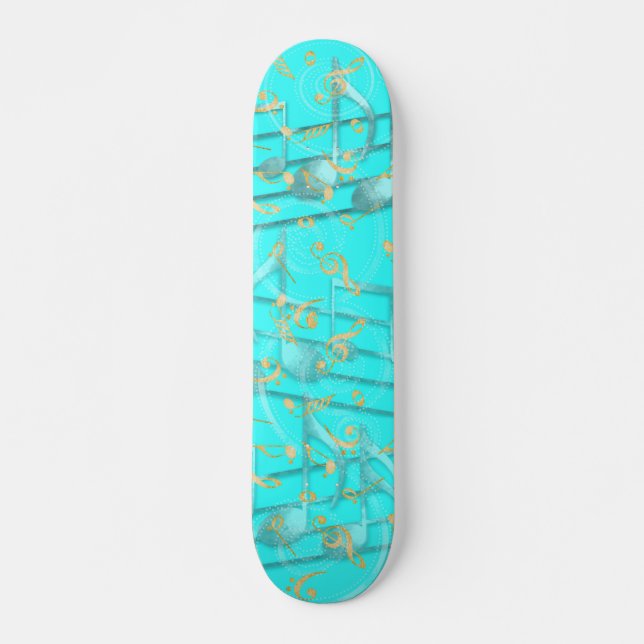Teal gray artistic music notes skateboard deck (Front)