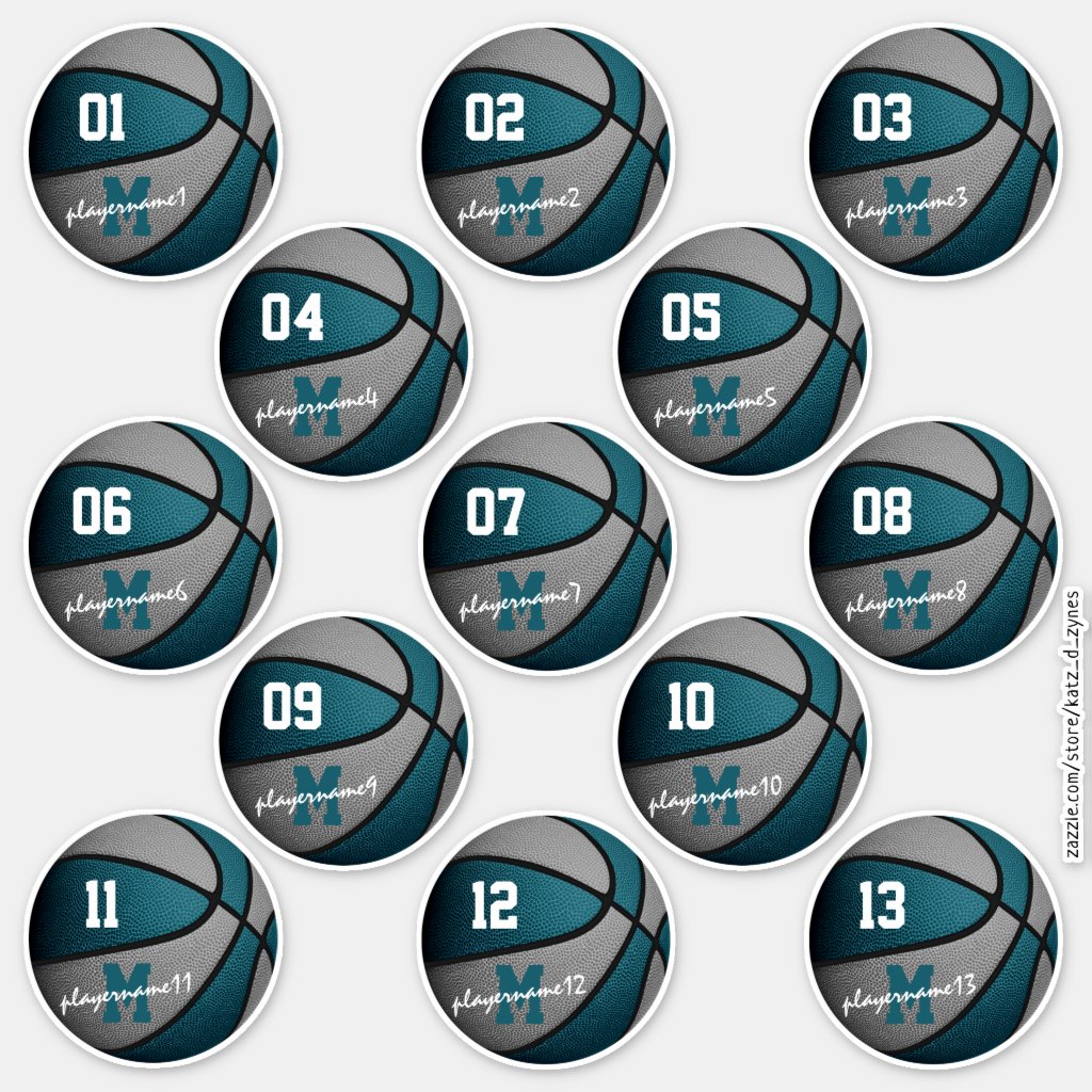 teal gray basketball 13 team members names stickers