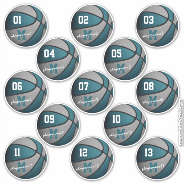 teal gray basketball 13 team members names sticker (Front)