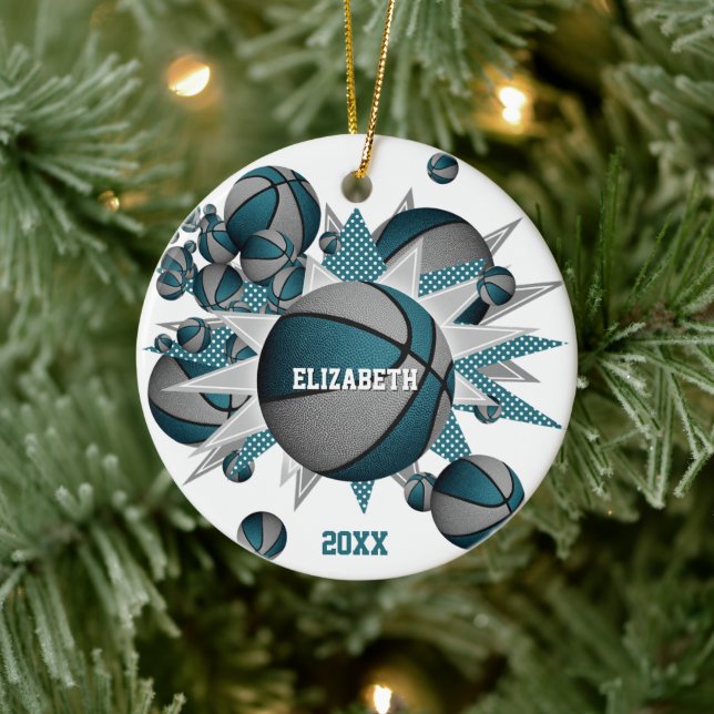 teal gray basketball blowout girls sports ceramic ornament (Tree)