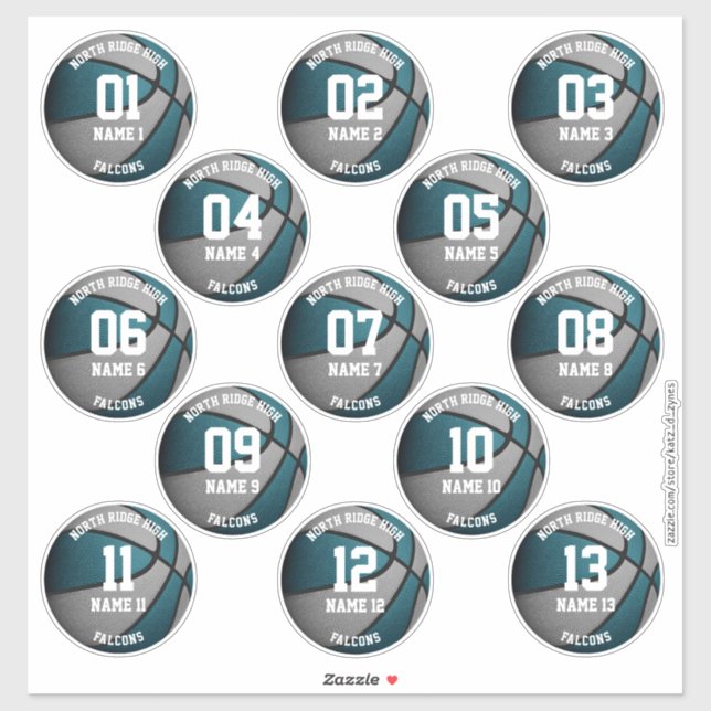 teal gray basketball players names 3 inch stickers (Sheet)