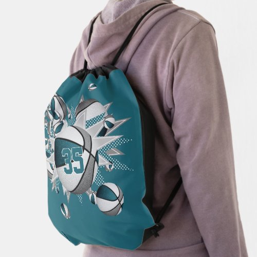 teal gray basketballs stars girls jersey number drawstring bag