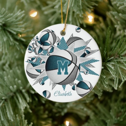 teal gray basketballs stars girls keepsake year ceramic ornament