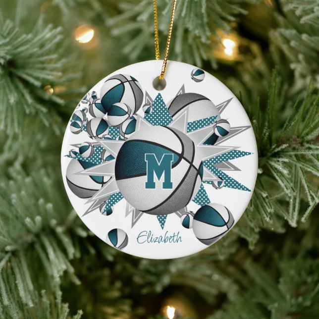 teal gray basketballs stars girls keepsake year ceramic ornament (Tree)