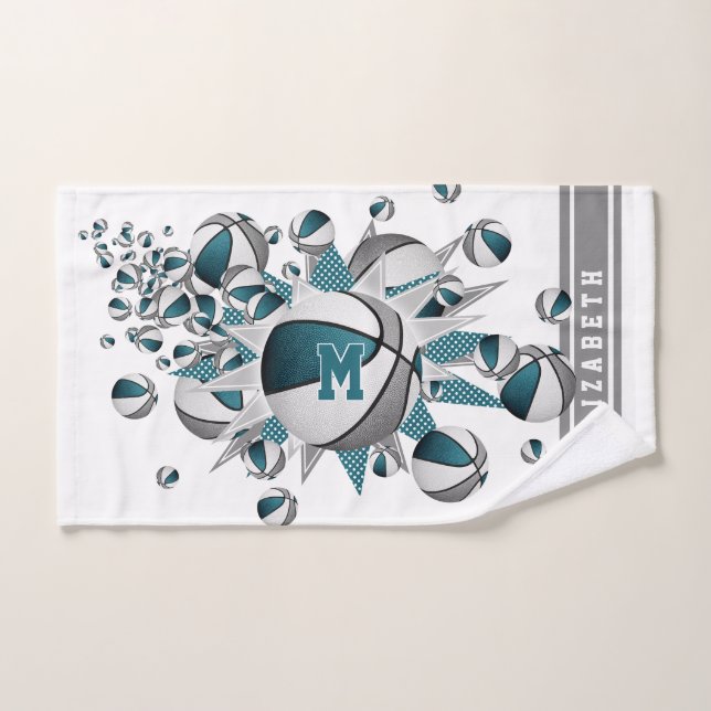 teal gray basketballs stars girls monogrammed hand towel  (Hand Towel)