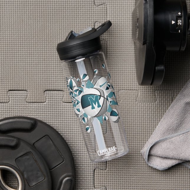 teal gray basketballs stars girls monogrammed water bottle (Gym)
