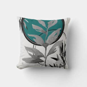 Teal Gray & Black Abstract Watercolor Leaf Throw Pillow