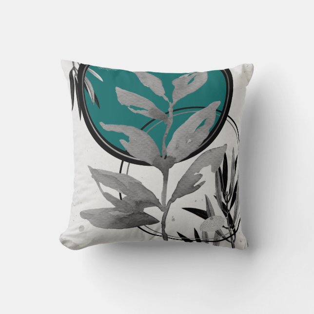 Teal Gray & Black Abstract Watercolor Leaf Throw Pillow (Front)