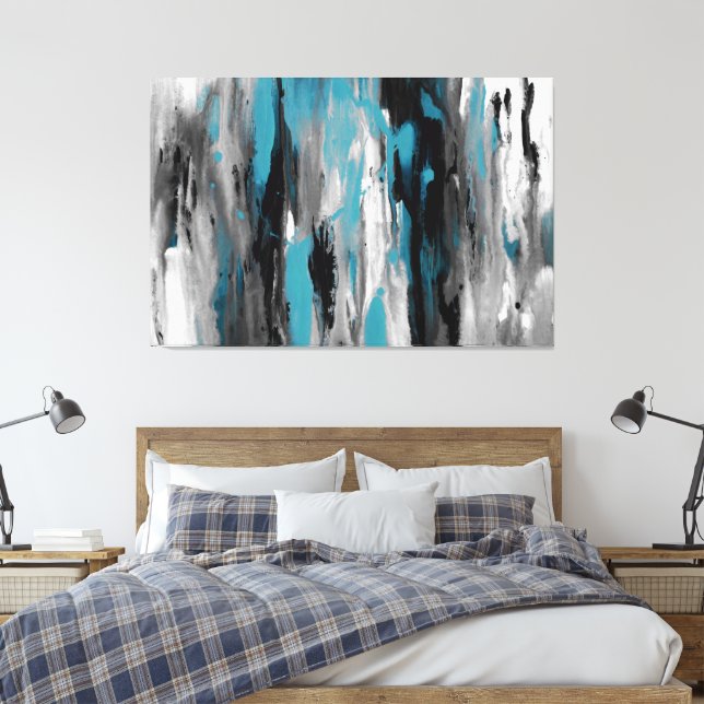 Teal Gray Black and White Abstract  Canvas Print (Insitu(Bedroom))