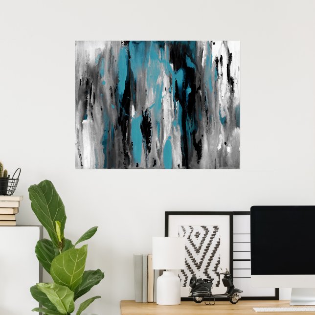 Teal Gray Black and White Abstract Poster (Home Office)