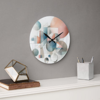 Teal Gray Blue Beige Rust Red Abstract Art Pattern Large Clock