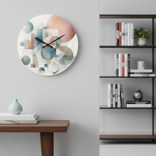 Teal Gray Blue Beige Rust Red Abstract Art Pattern Large Clock (Creator Uploaded)