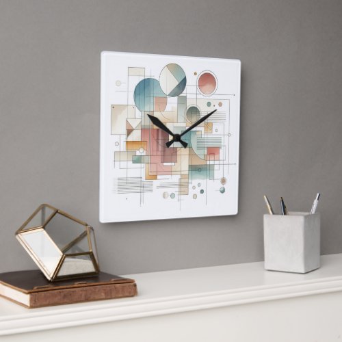 Teal Gray Blue Beige Rust Red Abstract Art Pattern Square Wall Clock