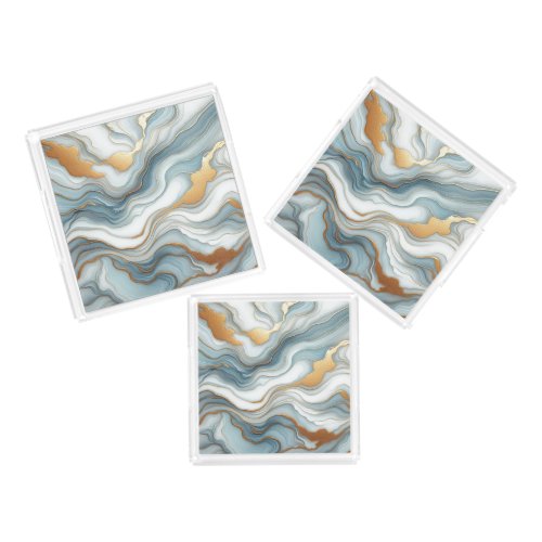 Teal Gray Blue Gold Marble Art Pattern Acrylic Tray