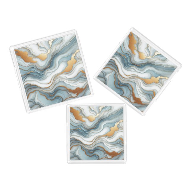 Teal Gray Blue Gold Marble Art Pattern Acrylic Tray (Set)