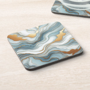 Teal Gray Blue Gold Marble Art Pattern Beverage Coaster