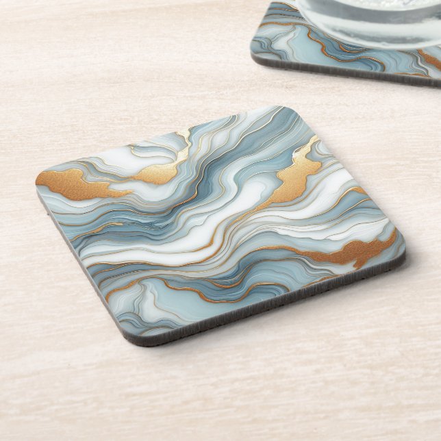 Teal Gray Blue Gold Marble Art Pattern Beverage Coaster (Left Side)