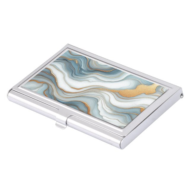 Teal Gray Blue Gold Marble Art Pattern Business Card Case (Front)