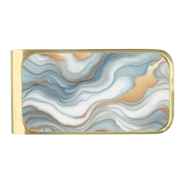 Teal Gray Blue Gold Marble Art Pattern Finish Money Clip (Front)