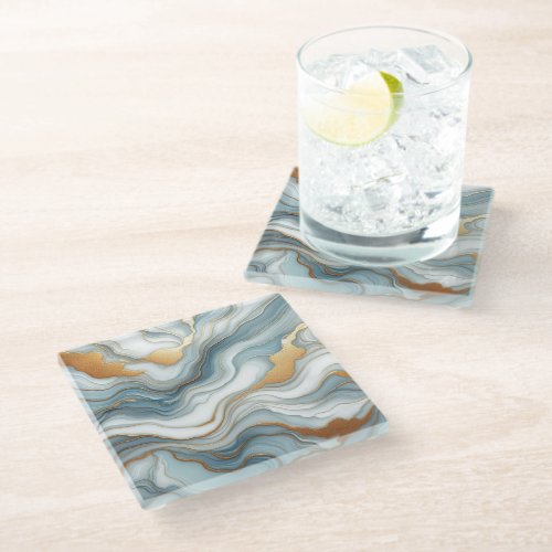 Teal Gray Blue Gold Marble Art Pattern Glass Coaster