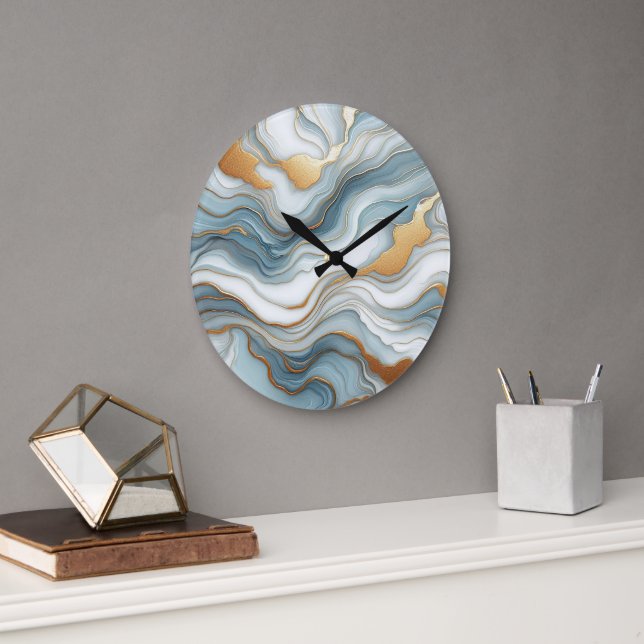 Teal Gray Blue Gold Marble Art Pattern Large Clock (Office)