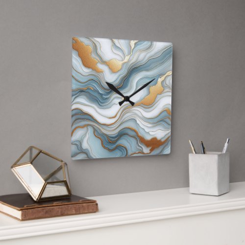 Teal Gray Blue Gold Marble Art Pattern Square Wall Clock