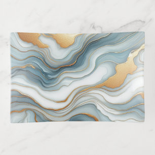 Teal Gray Blue Gold Marble Art Pattern Trinket Tray