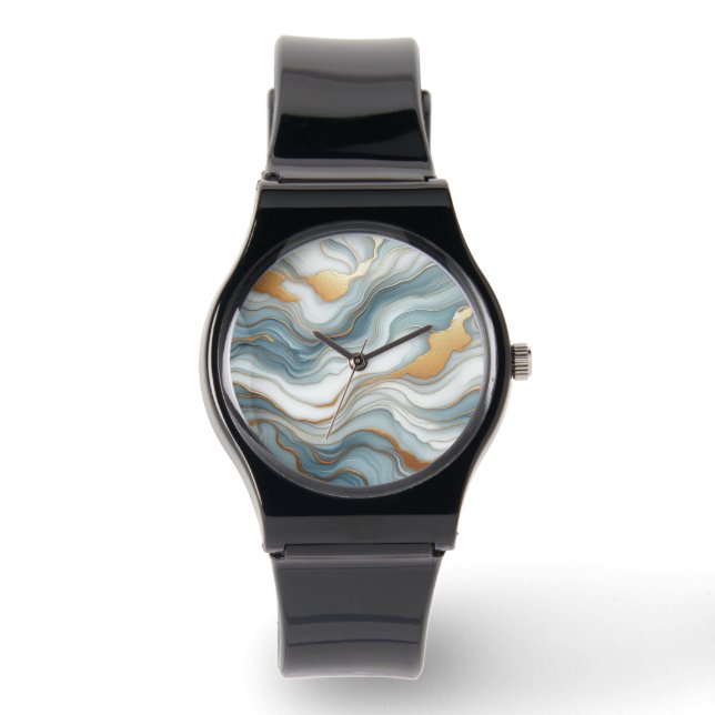 Teal Gray Blue Gold Marble Art Pattern Watch (Front)