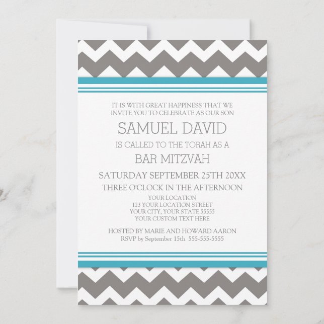Teal Gray Chevron Bar Mitzvah Invitations (Back)