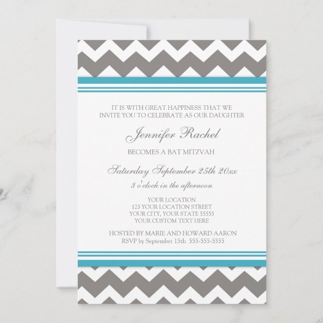 Teal Gray Chevron Bat Mitzvah Invitations (Back)